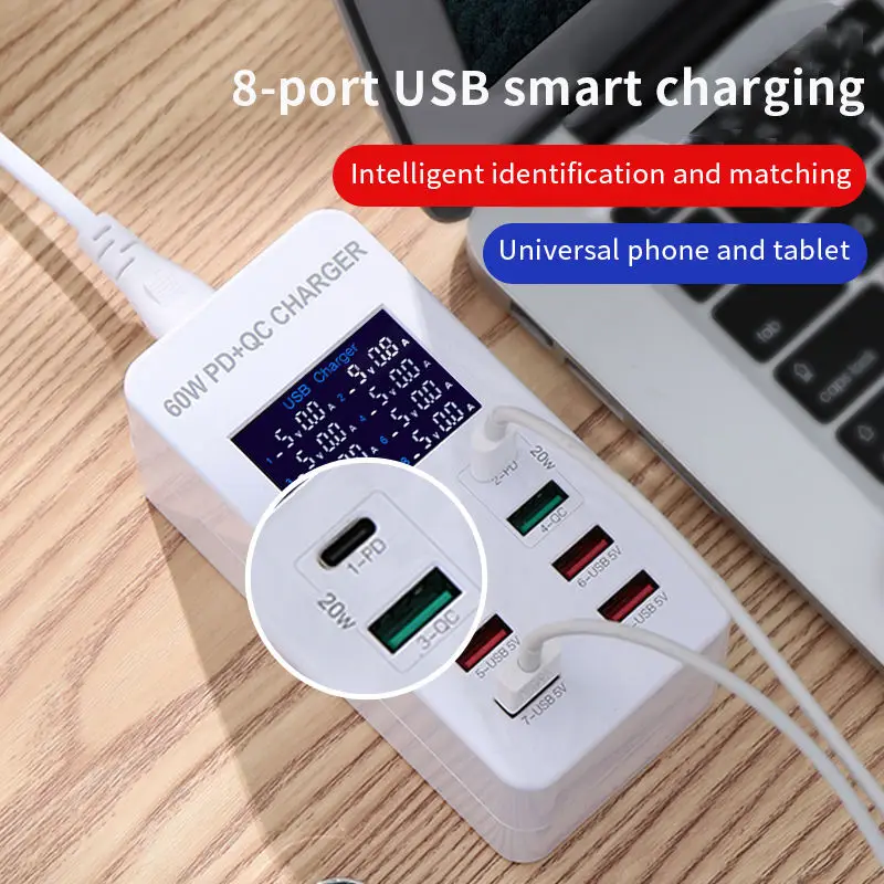60W USB C Charger QC 3.0 8 Ports Type C PD Fast Charging Phone Adapter For iPhone Samsung Xiaomi Huawei Multi Ports Wall Charger