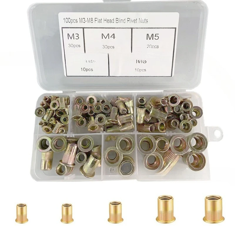 100 قطعة محاصر برأس مسطح عمودي الأخدود المكسرات ، المسامير ، الكربون الصلب اللون-الزنك مطلي برشام أعمى المكسرات M3-M8 مجموعة #5