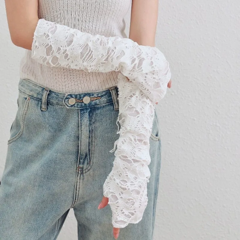 ถุงมือฮาโลวีนแบบเจาะรูครึ่งนิ้ว ปลอกแขน ถุงมือตกแต่ง การถ่ายภาพ Y2K แฟชั่นผู้หญิงสีเข้ม นิ้วโป้ง