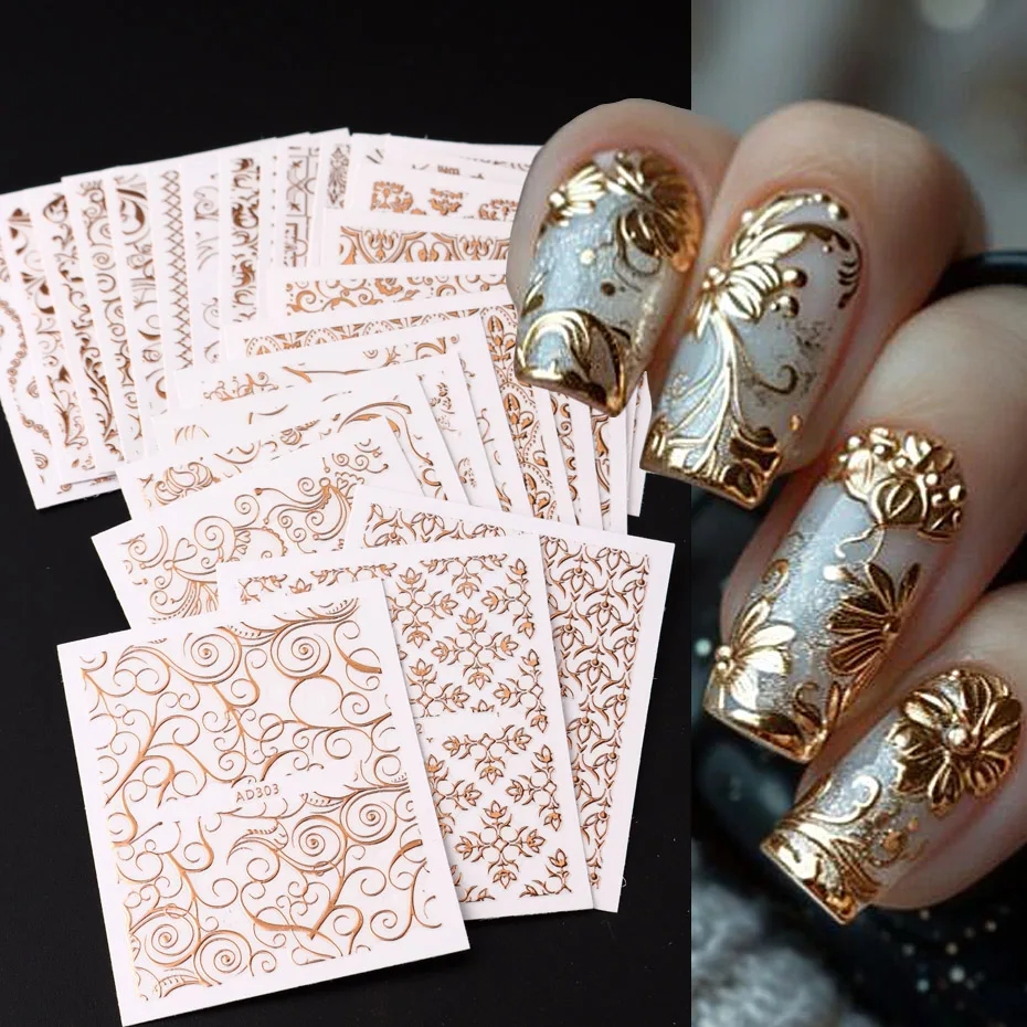 26 قطعة زهرة ذهبية وردية عتيقة ثلاثية الأبعاد مسمار الفن ملصقات مجموعة جوفاء الدانتيل Foral الكرمة تصميم ذاتية اللصق المنزلق مسمار الفن الديكور