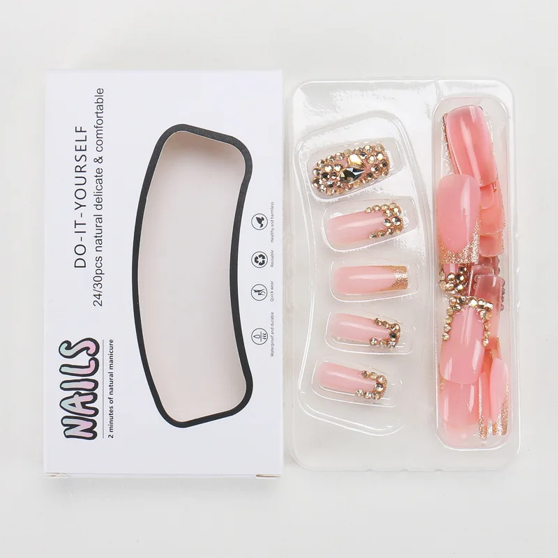 24PCS Druk op nagels Franse stapelboor Nagelpiercing Roze Zoet Koel Medium Lang Vierkant Nagelpatch Afneembare nepnagels