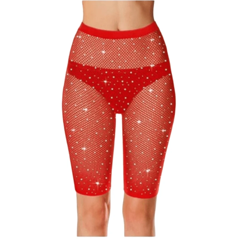 Pantimedias cortas con diamantes de imitación para mujer, pantalones cortos brillantes de 3 piezas, mallas transparentes para motorista, ropa