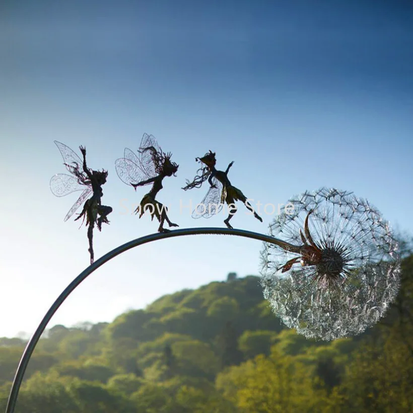 Garden Yard Dancing Fairy Statue Ornament Metal Steel Wires Miniature Pixies Figurine Dandelion Sculpture Lawn Landscape