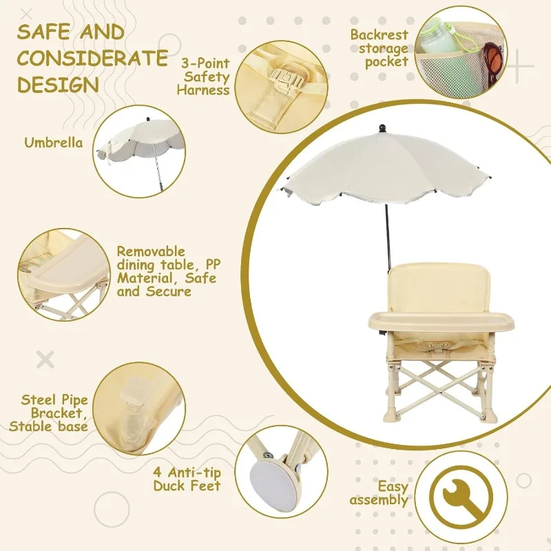 Baby Outdoor Beach Chair with Umbrella Backrest Pocket Seat Belt Foldable Toddler Feeding Seat   for Dining Table Camping Dining view 3