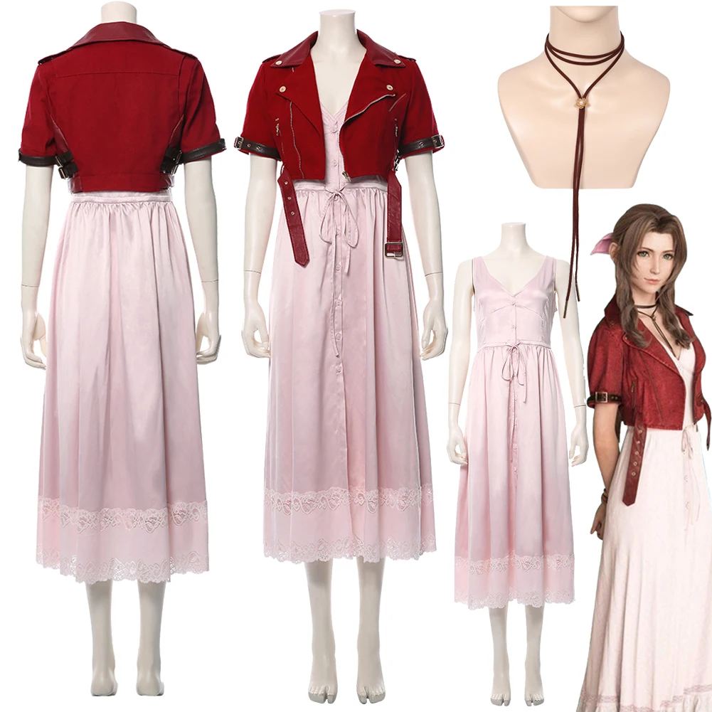 Disfraz de Final Fantasy VII para mujer, traje de Cosplay de Aerith FF7, chaqueta para adultos, vestido, collar, traje de Carnaval de Halloween