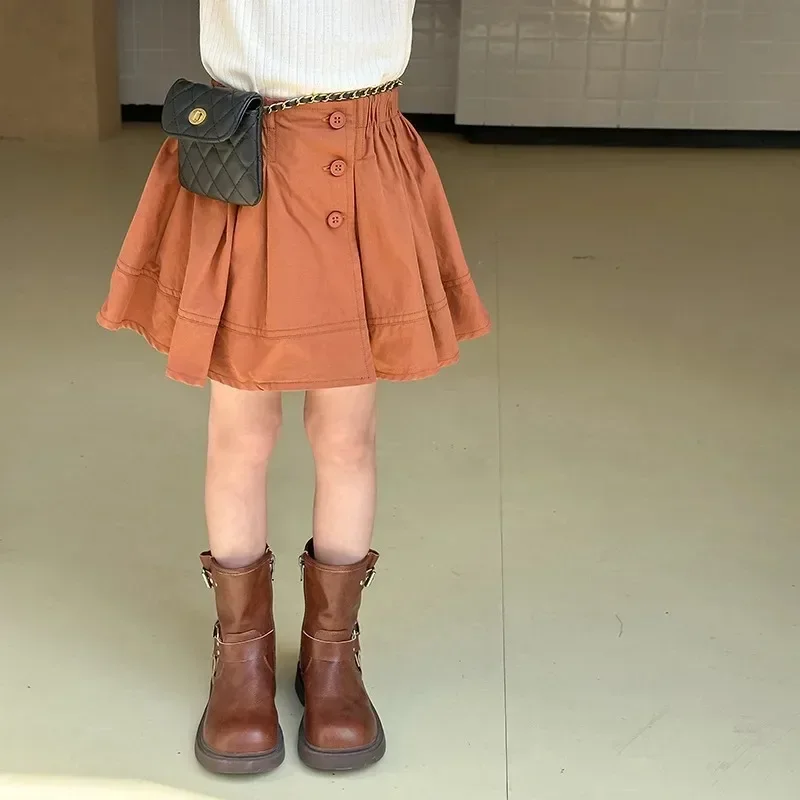Children Clothing Girls French Style Sweet Skirt 2024 Summer New Fashionable Skirt Solid Color Casual Simple Pleated Skirt