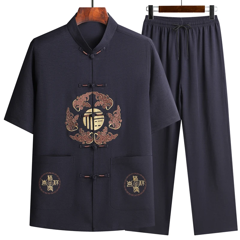 New Chinese Style Men\'s Tang Suit Sets Short Sleeve Long Pants Tradition Dragon Embroidery Kung Fu Satin Silk Wu Shu Tai Chi Set