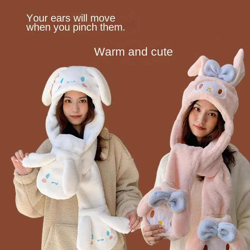 Sanrio Plush Hat Kuromi My Melody Cinnamoroll Kawaii Hat Scarf Gloves Trinity Sweet Girl Winter Warm Accessories Girlfriend Gift