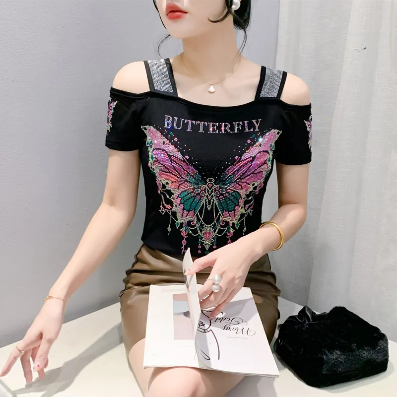 New Summer Women Butterfly Designer Shiny Diamonds T-Shirts Fashion Sexy Off Shoulder Slim Mesh Tees Luxury Women's Tops