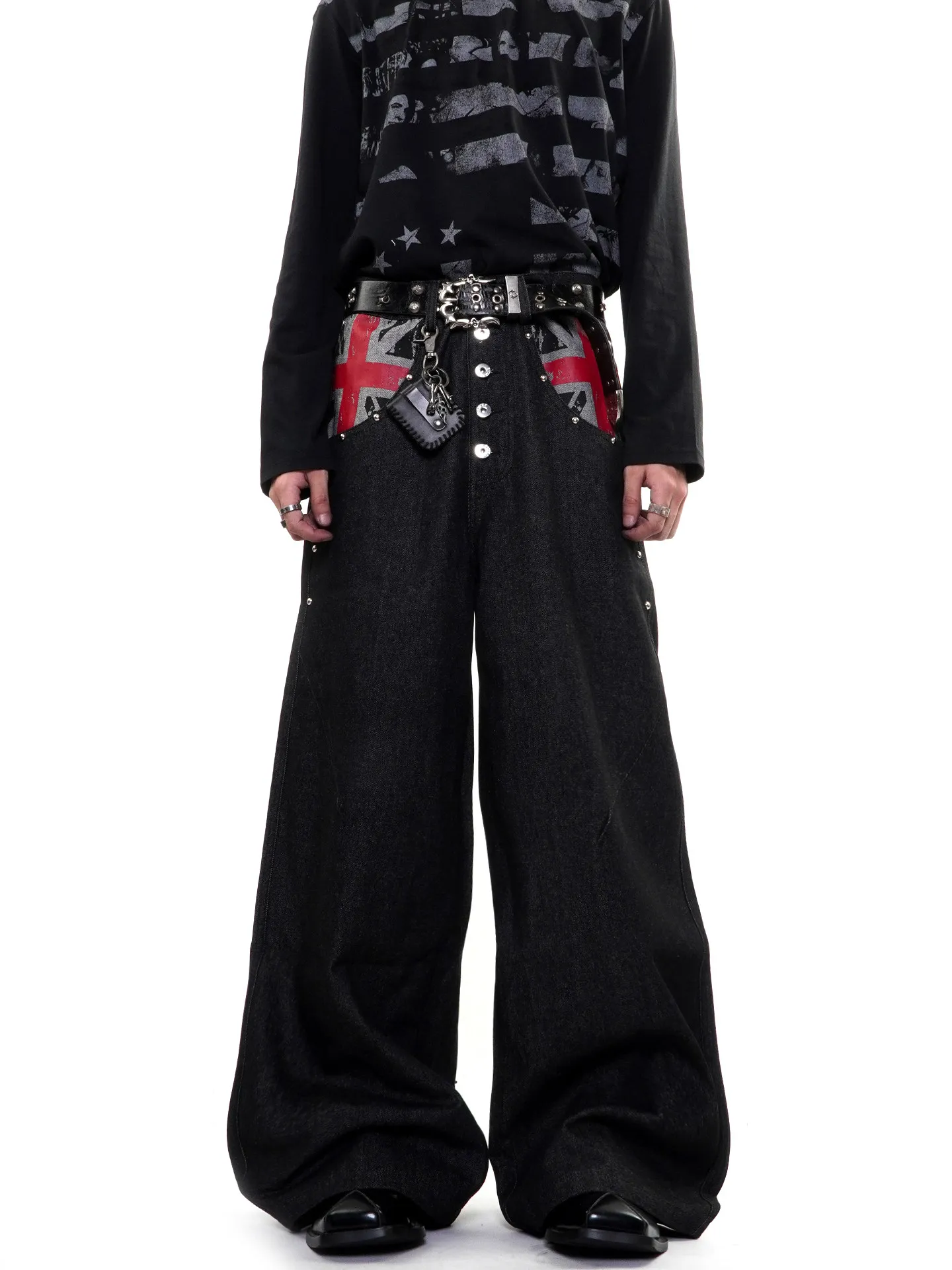 Calças Jeans Originais Washed Cleanfit de Perna Reta para Homens e Mulheres, Estilo High Street com Estampa de Bandeira, Calç...