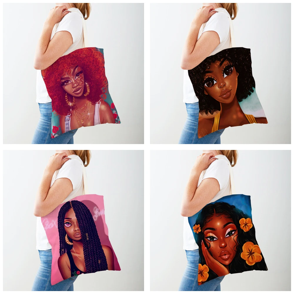 Fashion Cartoon Beautiful African Girl Shopping Bag for Women Casual Black Lady Canvas Shopper Bag Reusable Eco Tote Handbag