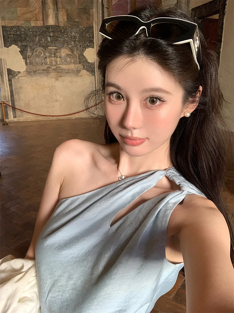 

Blue Linen Hollow out Slimming Women's Summer Top Vasse Korean Sle Commute Wind Svel irt Loose Strap Design