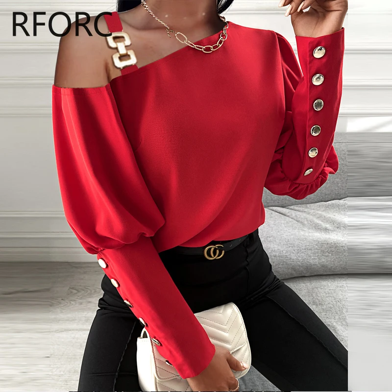 2023 Women One Shoulder Off Solid Button Decoration Thich Straps Long Sleeves Working Red Blouse Tops