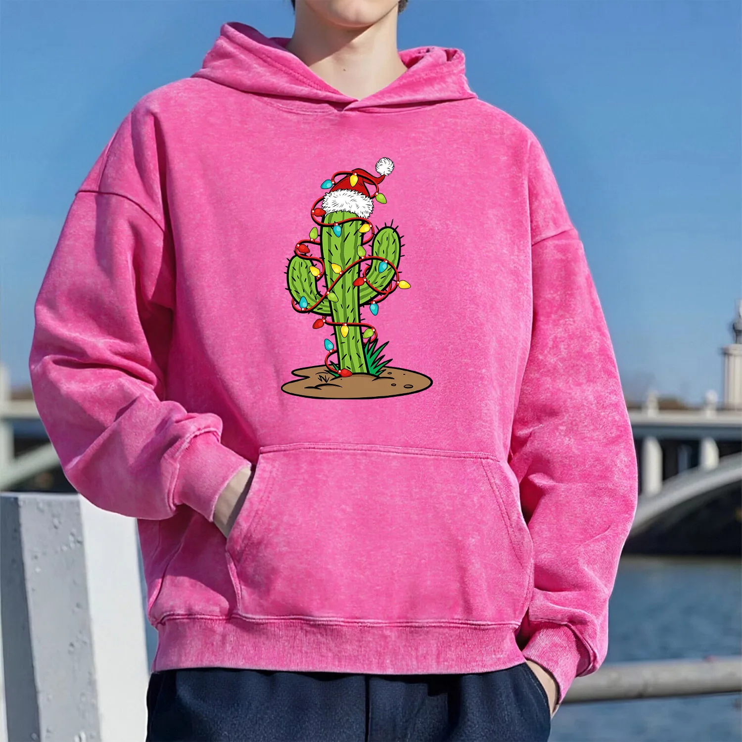 

Рождественский кактус, ретро стираный узор, толстовка с капюшоном, унисекс, повседневный спортивный стиль, изготовленный из чистого хлопка, уличный стиль, 400 г
