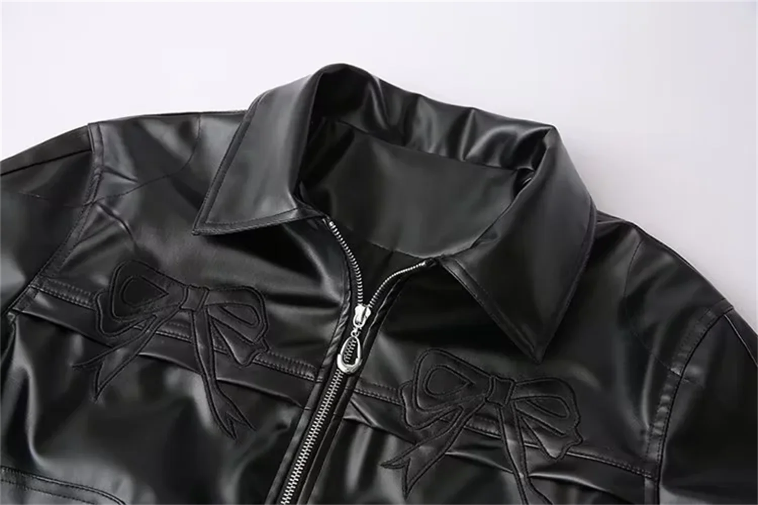 Sweet and cool bow tie leather jacket for women 2024 autumn and winter new design casual black leather jacket