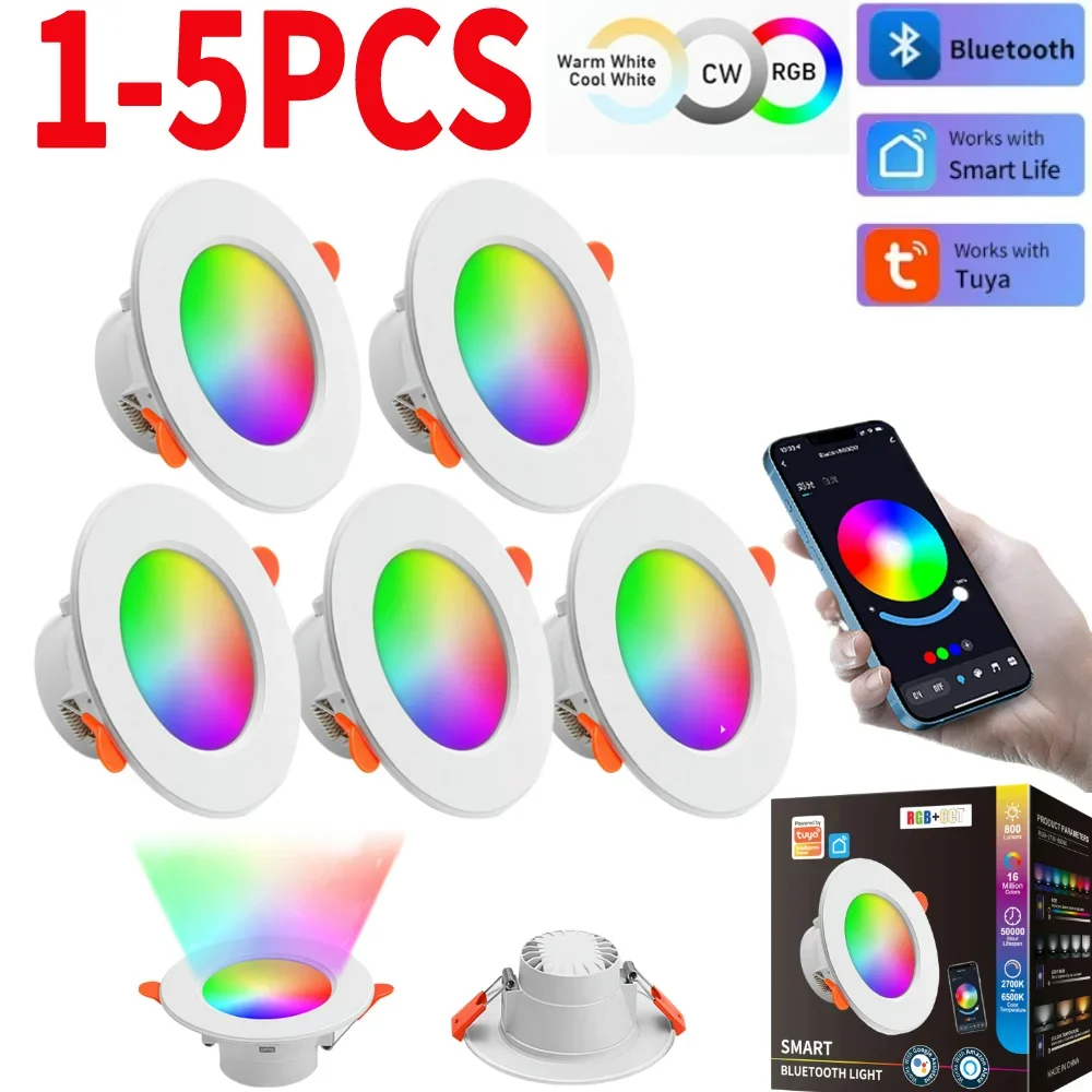 1-5PCS Tuya Bluetooth Smart Downlight RGB+CW Full Color Dimming 10W 85-265V E27 Alexa Google Home /APP Control Smart Lamp 