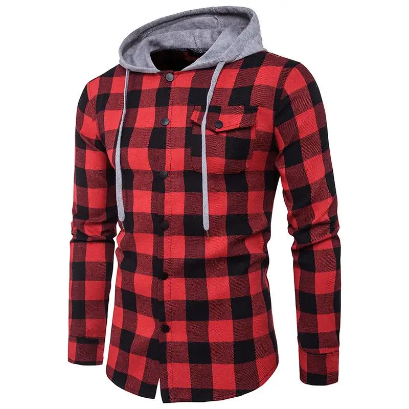 

Men's Casual Cotton Shirt with Large Checked Pattern Hooded Chest Pocket Iron-Free Long Sleeve Summer Fashion for Teens