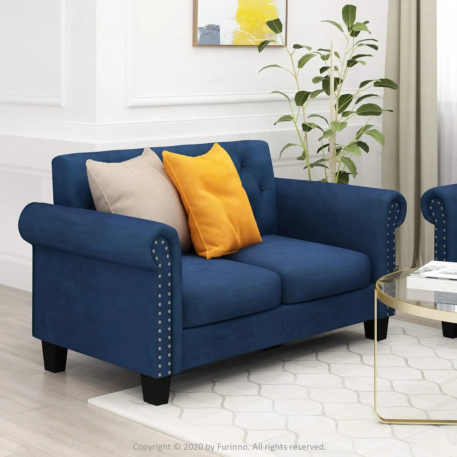 Furinno Bastia Vintage Modern Chesterfield Button Tufted Loveseat/Sofa Couch for Living Room, Navy Velvet