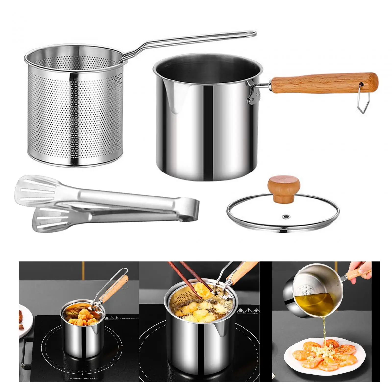 Stainless Steel Deep Fryer Pot Milk Warmer Pot Portable Cooking Pot Frying Basket Soup Pot for Kitchen Baking Fried Chicken