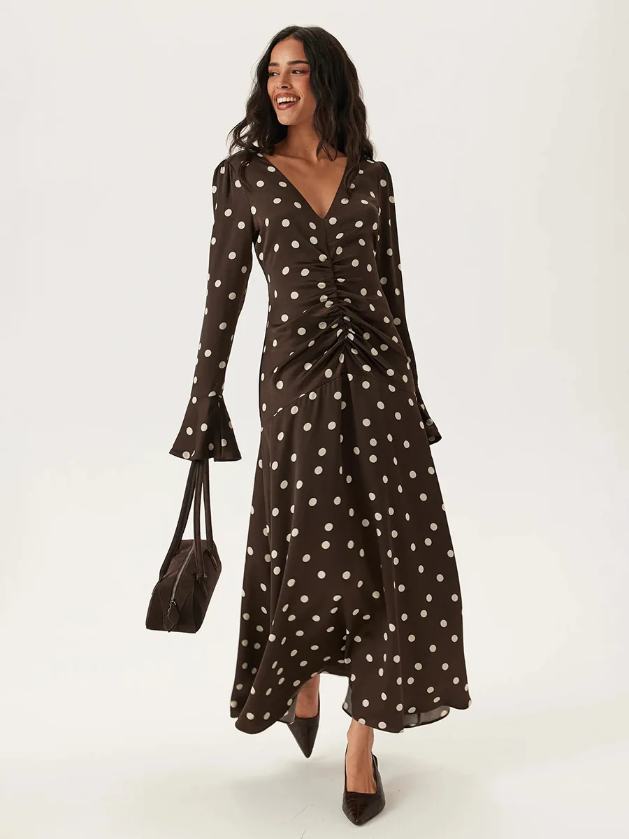 Vestido Retro Marrom com Poás em Cetim para Mulheres, Sexy, Decote em V, Manga Larga, Vestido Maxi Estilo Francês, Ajuste Slim, Cauda de Peixe