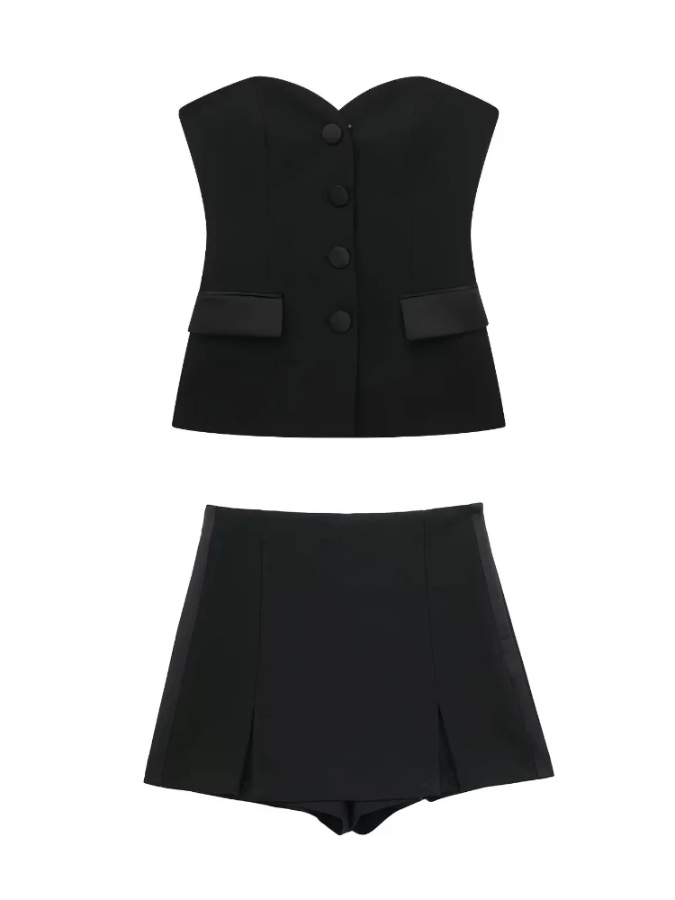 Ensemble short rose élégant pour femmes, épaules dénudées, débardeur sans bretelles, jupe courte fendue, mode Y2K, tenue de rue