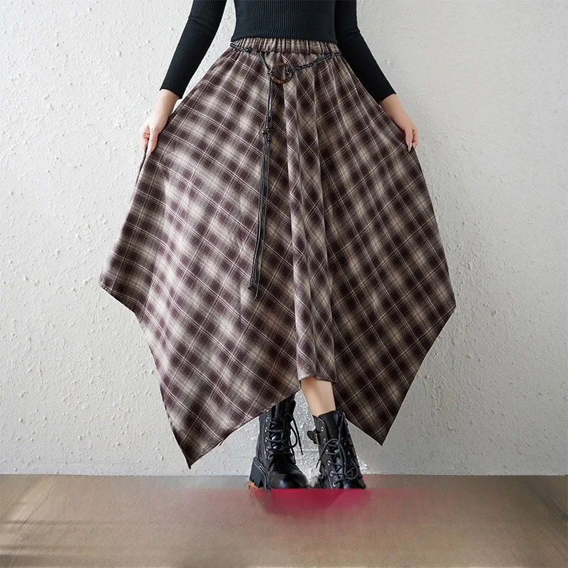 

Осень-зима, хлопково-льняная юбка большого размера с эластичной резинкой на талии и женская юбка, асимметричная клетчатая юбка, длинная юбка на пуговицах