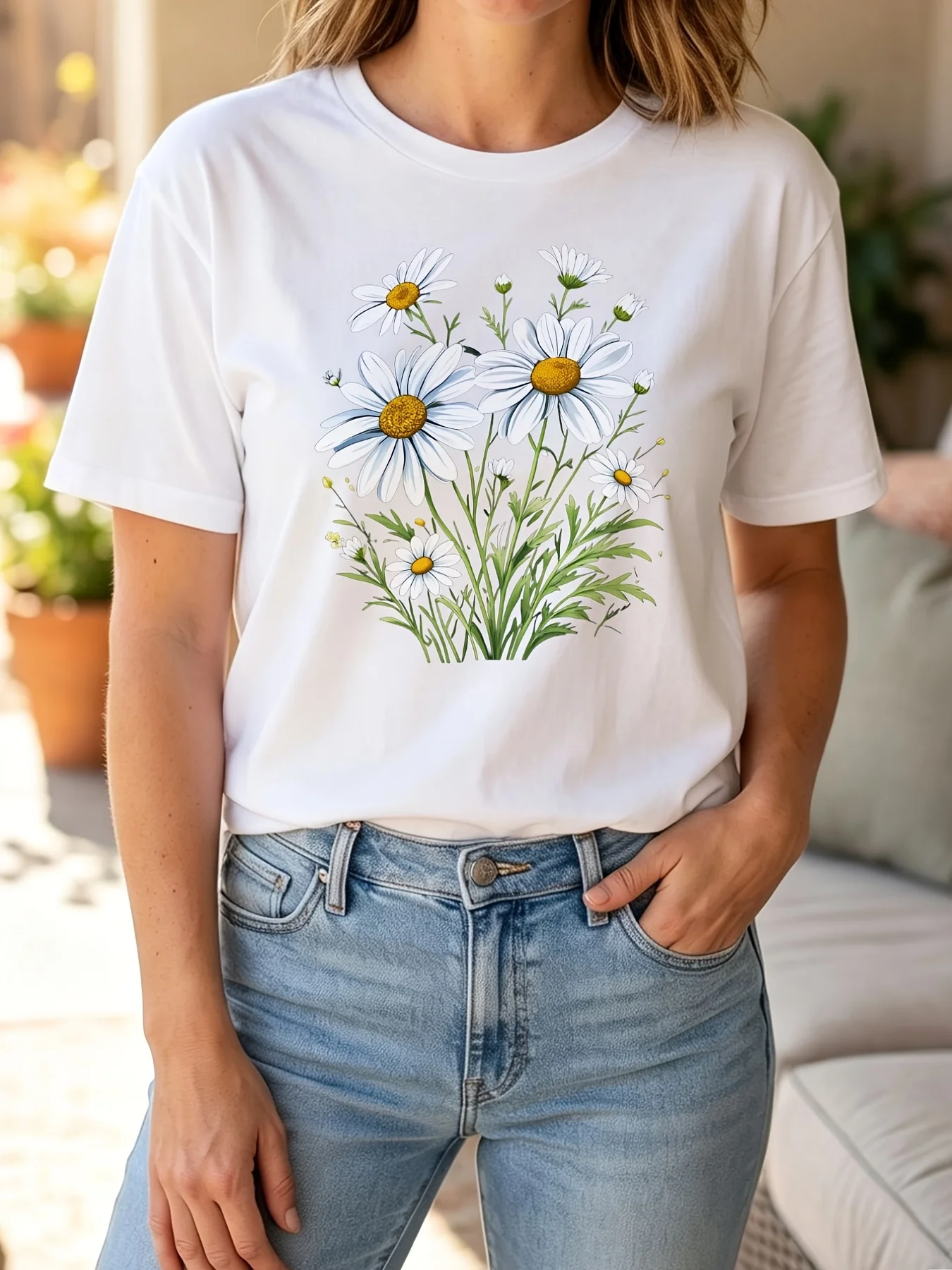WomenS Casual Short Sleeve Detailed Botanical Daisy Flower Print with Golden Centers and Green Foliage Background Classic Round