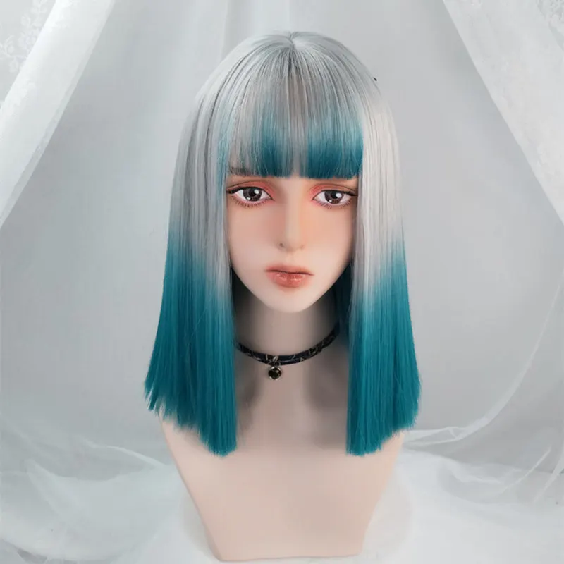 أزياء المرأة قصيرة مستقيم بوب شعر مستعار مع الانفجارات مقاومة للحرارة الاصطناعية الأخضر أومبير شعر مستعار رمادي