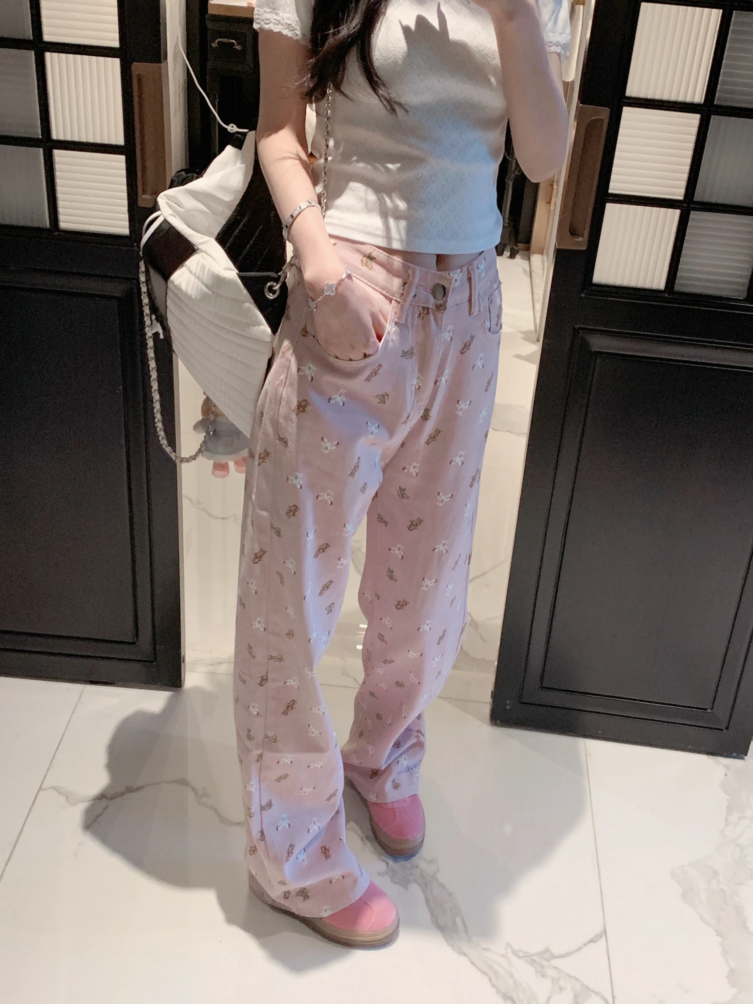 

Розовые широкие джинсы с мультяшным принтом и высокой талией, прямые джинсы для похудения, повседневные длинные брюки для женщин, весна, лето, осень, зима