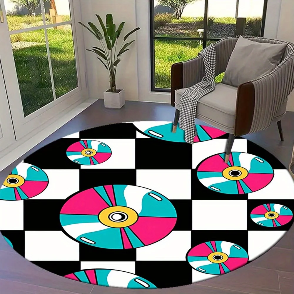 

Retro CD Checkered Rug Round Flannel Mat 90s Pop Art Design Teen Room Game Room Floor Carpet Colorful Fun Modern Style