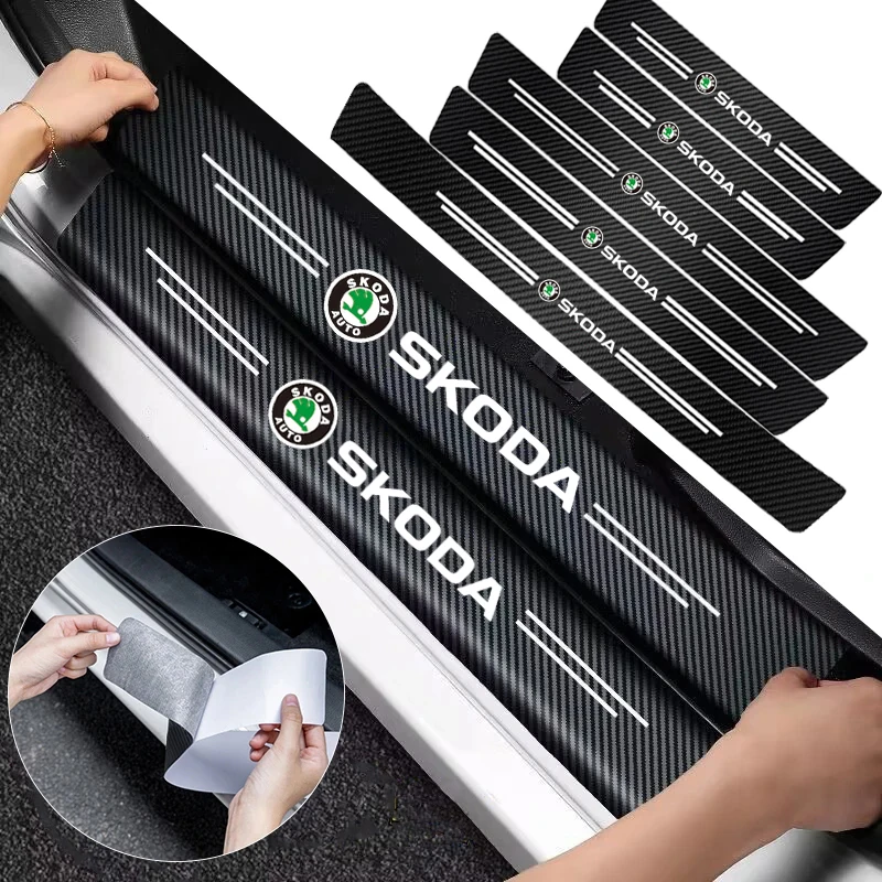 1/4/5Pcs Car Door Sill Scuff Plate Decor Carbon Fiber Sticker For Skoda Kodiaq Fabia Superb Yeti Octavia Enyaq Rapid Kamiq Karoq