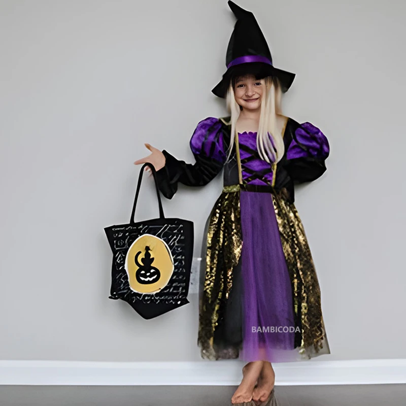 Sparkly Witch Halloween Costumes for Girls Led Light up Purple Long Dress for Kids Carnival Cosplay Outfit with Broom Hat