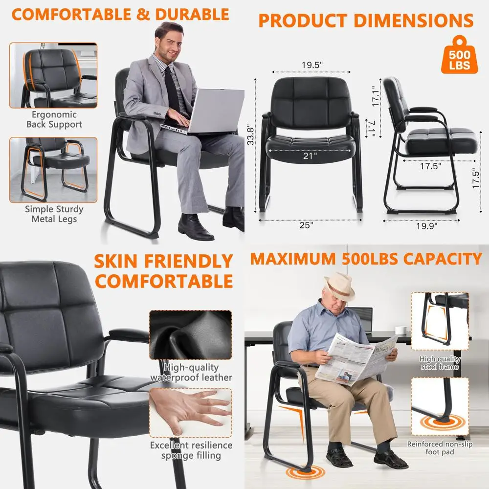 

Черные стулья для комнаты ожидания с мягким подлокотником из искусственной кожи, 4 шт., с основанием для саней для офиса, вестибюля и конференции