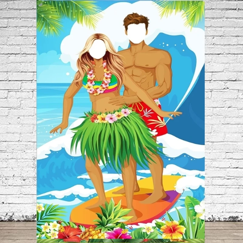 Photography Backdrop Luau Couple Surfing Photo Door Banner Hawaiian Face In Hole Pretend Play Party Games Background Decor