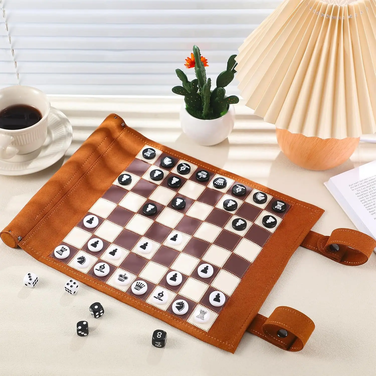 Set da backgammon arrotolabile 3 in 1 con 32 pezzi di legno, 5 dadi, tavolo da gioco portatile in pelle per adulti – 13,8x10 pollici