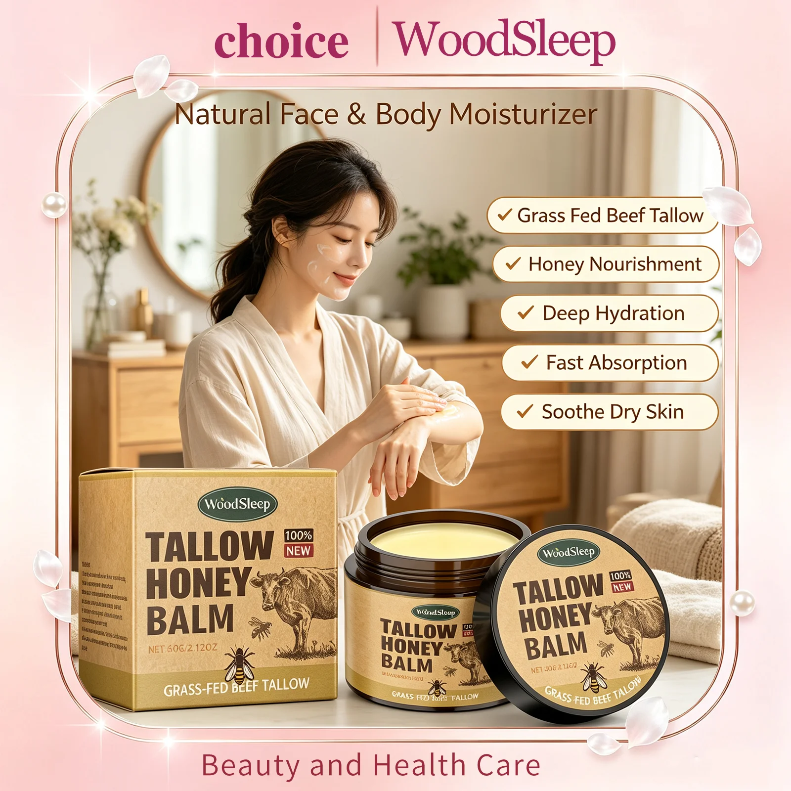 WoodSleep Whipped Beef Tallow and Honey Balm Organic Face Moisturizer Cream Fast Absorption Grass Fed Grass Finished Body Lotion