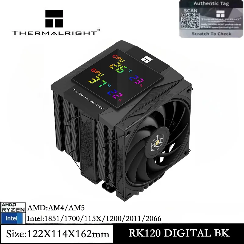 

Thermalright Royal Knight 120 Digital Black CPU Cooler Heat Sink Digital Version for AM4 AM5 Intel LGA 1851/1700/15XX/2011/2066