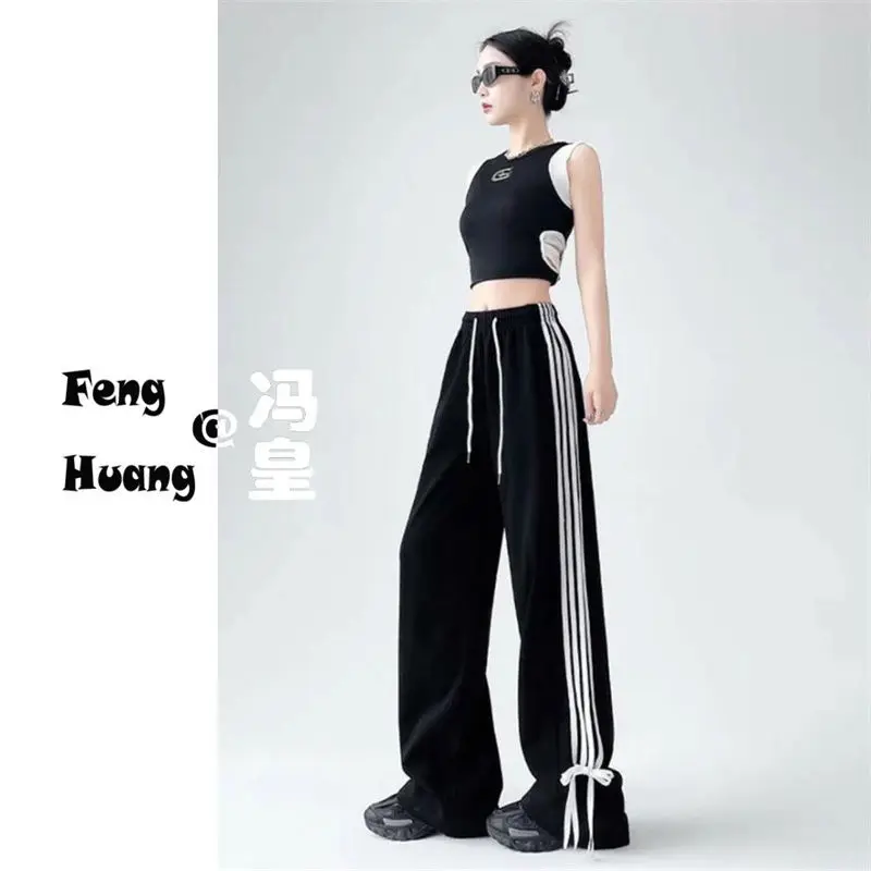 2025 Pantalones casuales japoneses: pierna ancha recta de cintura alta, detalle de lazo con cordón, pantalones de moda de anime unisex para mujer S-2XL