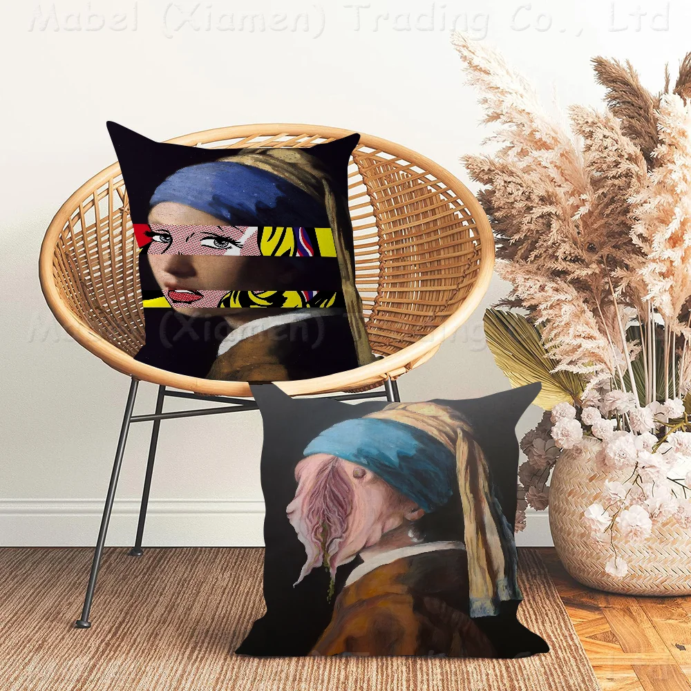 Funny Girl With Pearl Earrings Pillow Gifts Home Office Furnishings Bedroom Sofa Car Cushion Cover Case 45x45cm