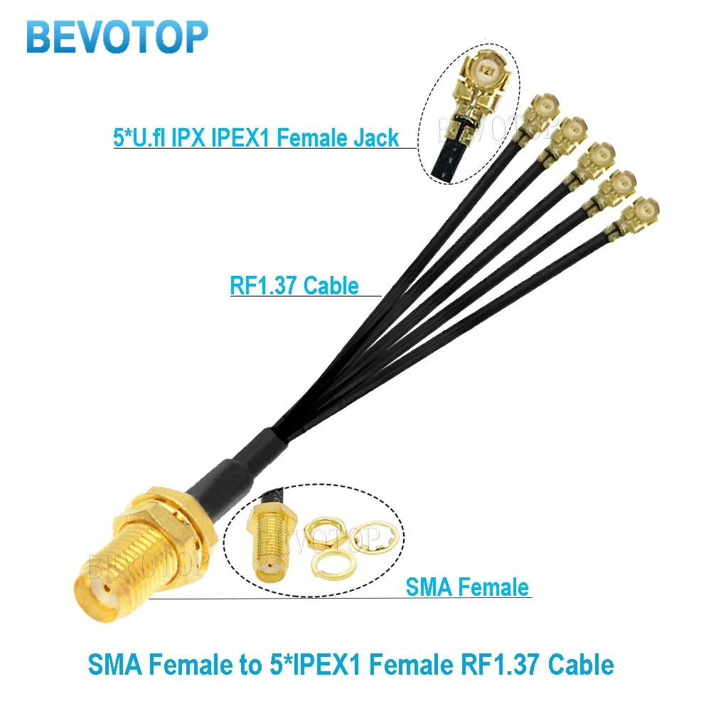 1PCS SMA to IPX Splitter RP-SMA / SMA Female to 5 x U.fl Female1 RF1.37 Cable WIFI Antenna Extension Jumper Pigtail