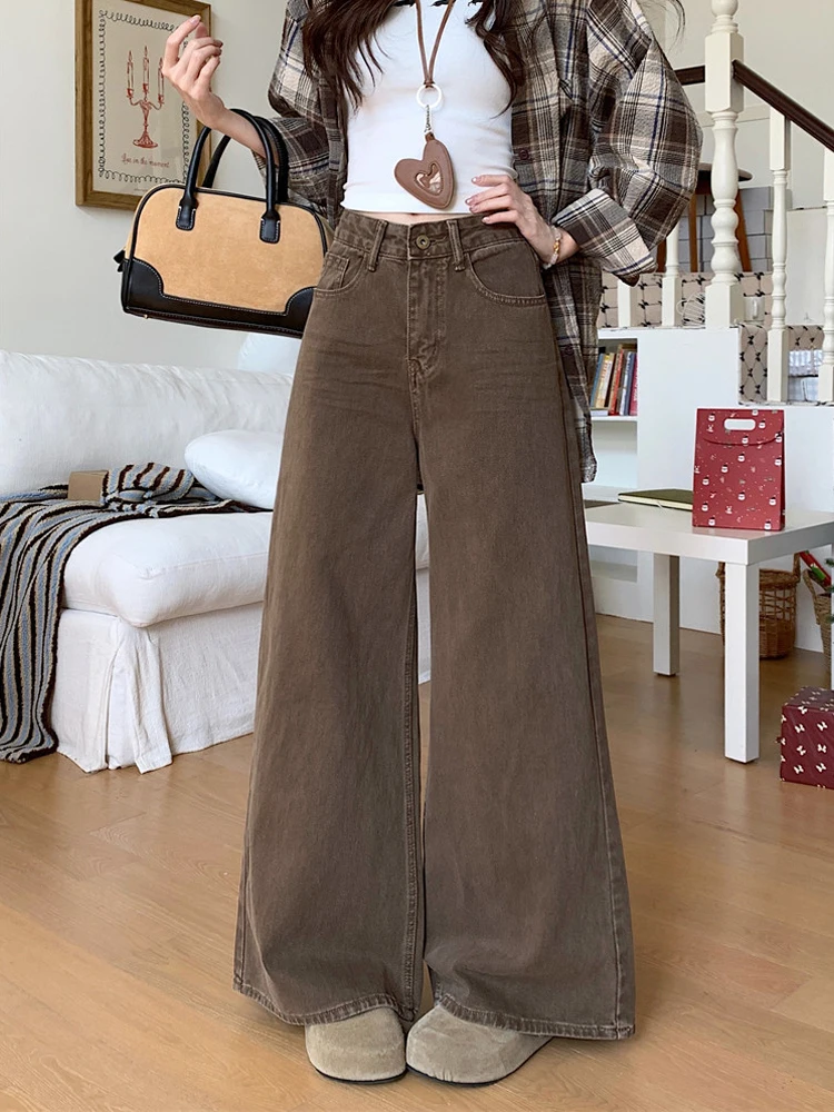 

Retro High Waist Wide Leg Denim Jeans Women's Coffee Color Straight Leg Pants Casual Floor-Length Trousers Spring 2026