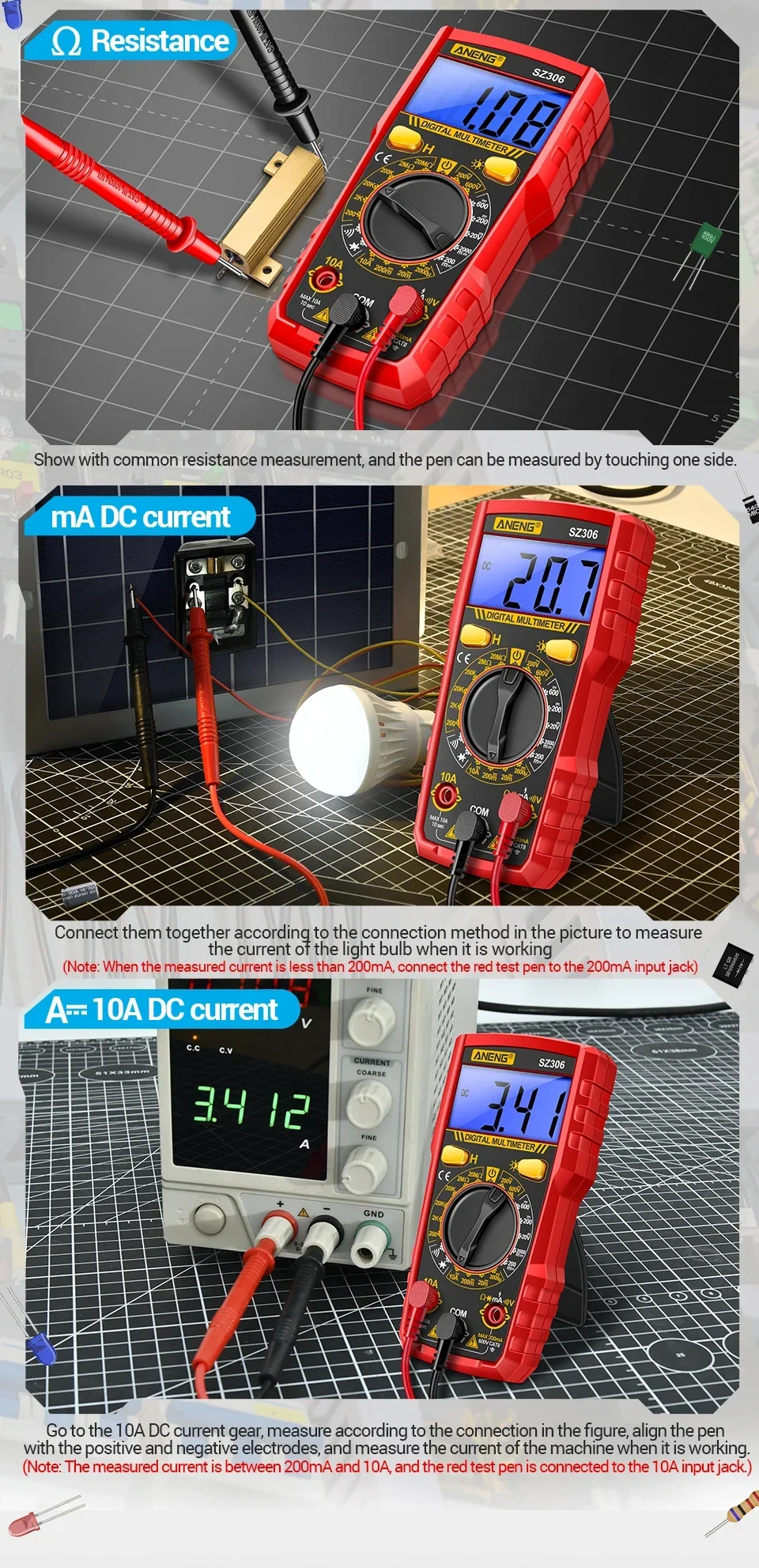 Intelligentes Digitalmultimeter ANENG SZ306 Professionelles AC/DC-Spannungsmessgerät DC-Strom Widerstand Diode 20M Ohm Multimeter-Testgerät – Detail 11