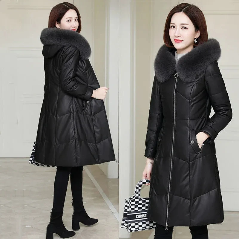 Black Loose Long Coat Windproof PU Leather Jacket Female Down Cotton Overcoat Thicken Winter Women Warm Hooded Snow Parkas Coat