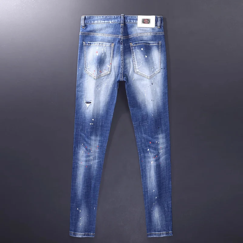 Street Fashion Men Jeans Retro Blue Elastic Stretch Slim Ripped Jeans Men Painted Designer Trousers Vintage Denim Pants Hombre