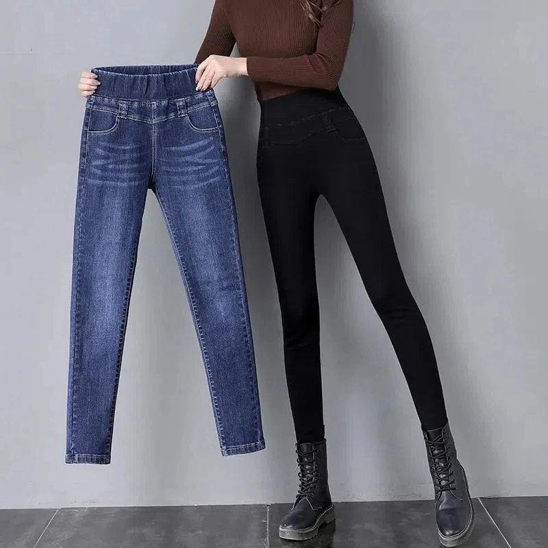 Winter Blue Plus Velvet Warm Jeans Women Vintage Elastic High Waist Thick Vaqueros Mom Skinny Pants Casual Fleece Denim Trousers