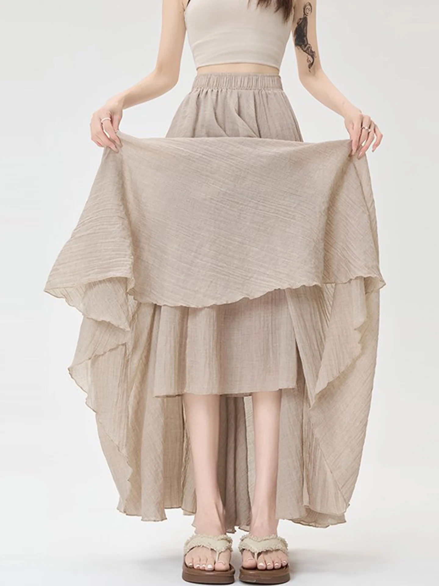 

Silk Cotton Linen A-Line Skirt Women Summer New Thin High Waist Slimming Drapey Pleated Long Skirt Comfortable Soft Kore...
