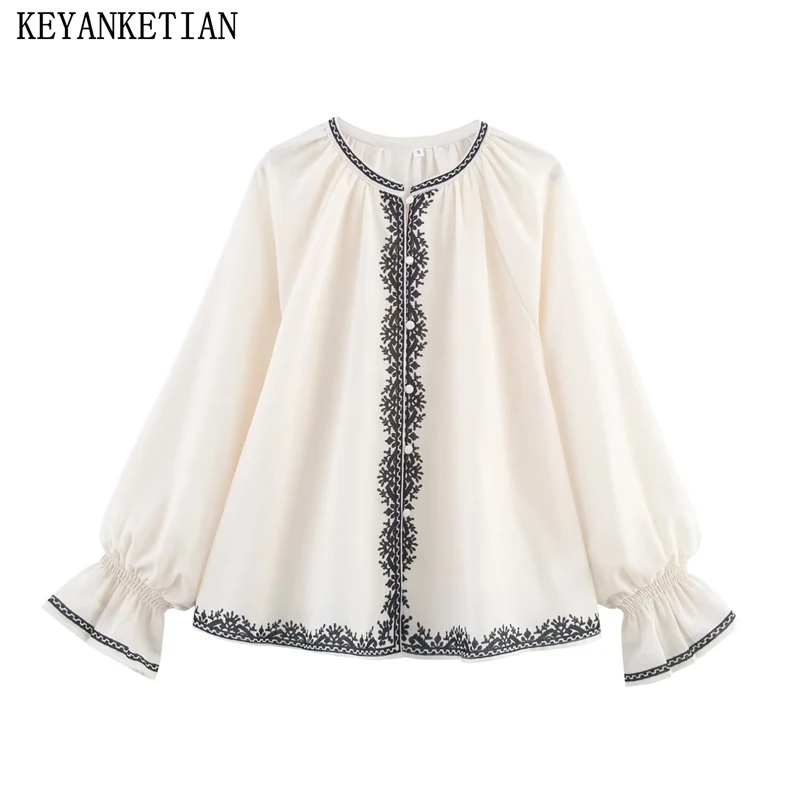 

KEYANKETIAN 2025 Autumn New Ethnic style Flared Sleeve Print Shirt Women's Single Breasted V-Neck Loose Blouses Vintage Thin Top