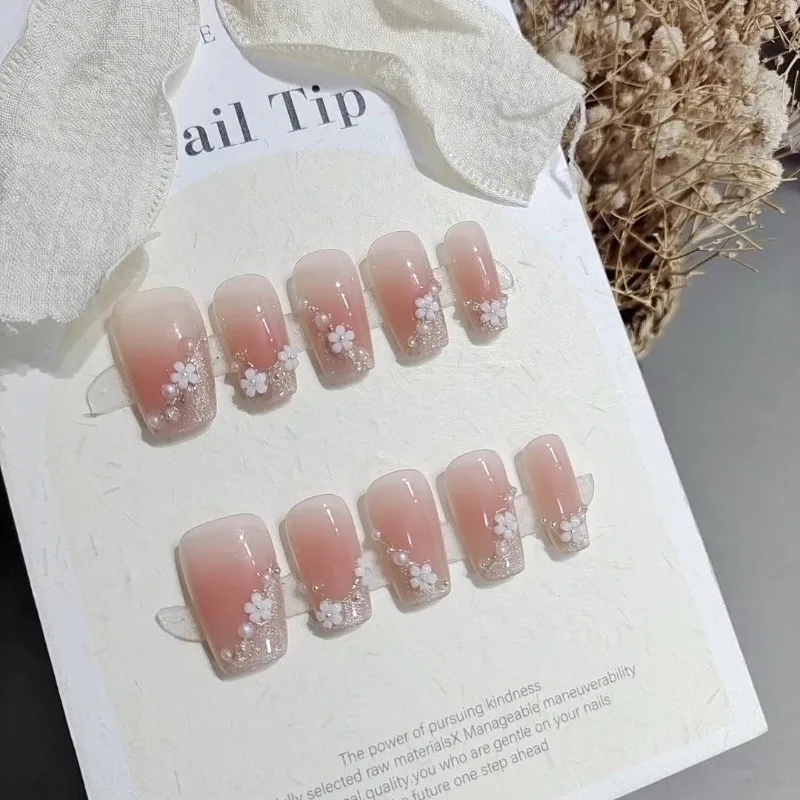 

10pcs Flower False Nails Woman Medium Short Sweet Nail Tips Cheap Fake Nails for Girls Nails Press on With Glue Self-nail 2025