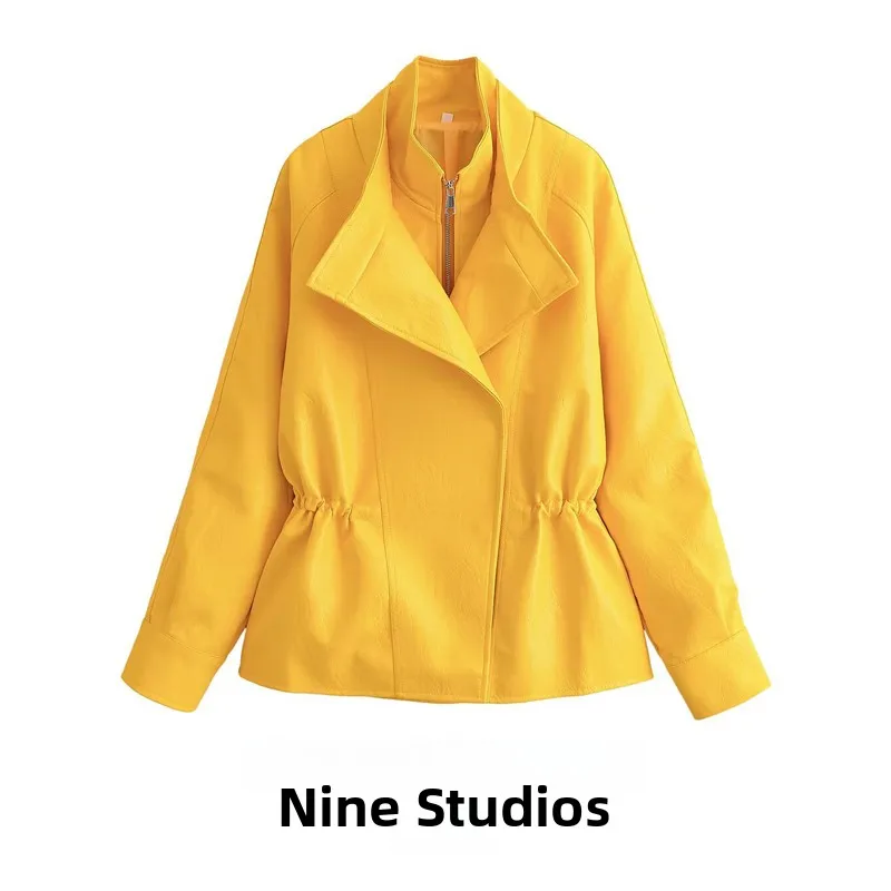 Loose Jacket Outerwear PU Leather Zipper Collar Stand-Up Collar Women's Fashion Long Sleeve Regular Length Winter Coat