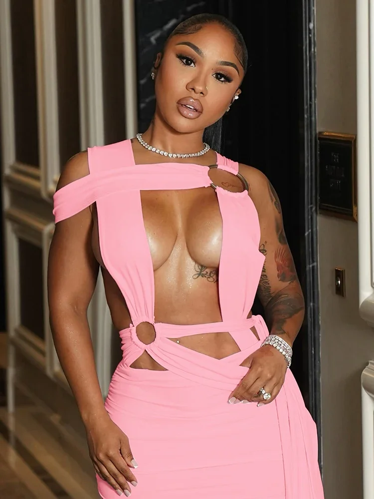 Leosoxs Metal Rings Patchwork Mini Dress Women Irregular Hollow Cross Bandage Midnight Sexy Skinny Peach Hip Street Outfits